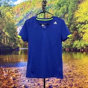 Adidas Royal Blue V-Neck Tee with Neon Highlights